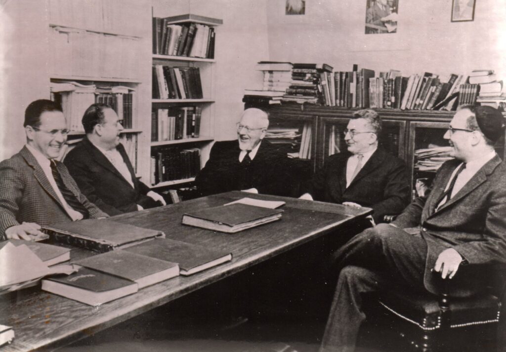Group L to R: Judah Golden, Moshe Davis, Mordecai Kaplan, Hillel Bavli, Seymour Fox